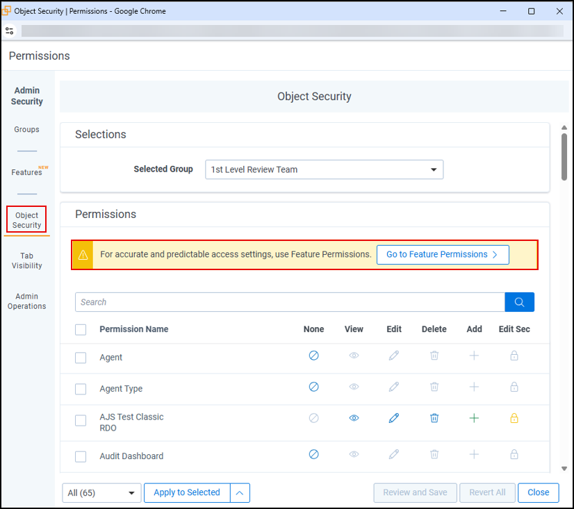 Feature permissions banner under Object Security tab