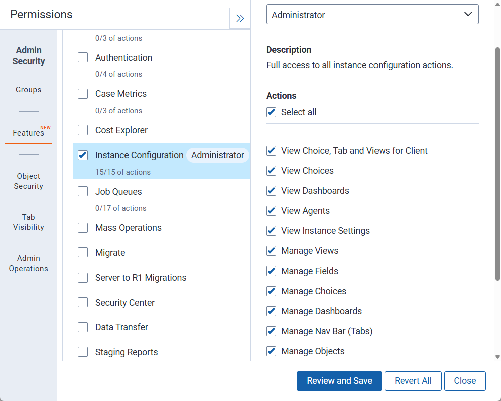 Instance configuration feature permissions window