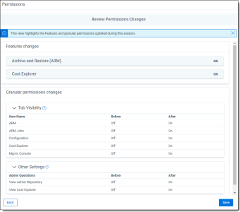 Review Permissions Changes dialog showing Features changes and Granular permissions changes