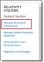 Manage workspace permissions highlighted in Relativity Utilities options list