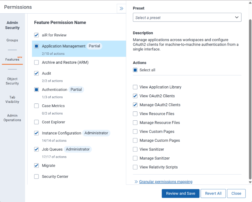 OAuth2 Client Feature permissions