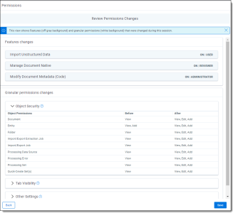 Review Permissions Changes with features changes and granular permissions changes listed