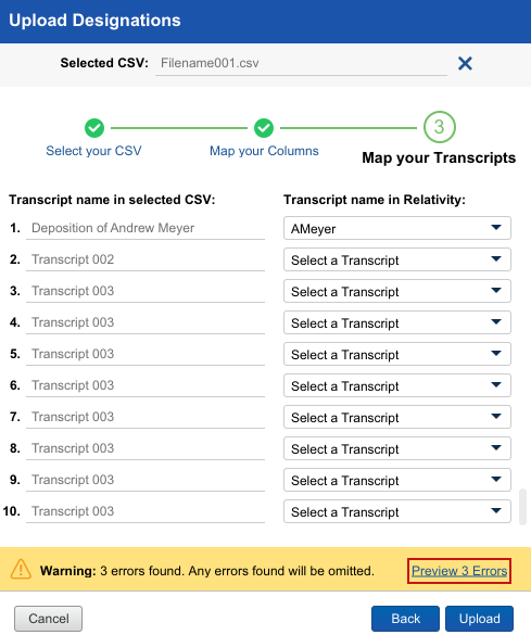 Upload Designation with Warnings 