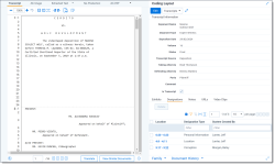 A document in the Transcripts Viewer is open with the Transcripts Layout also displayed.