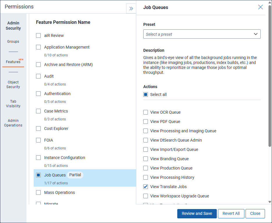 The instance-level Feature Permissions for Translate.