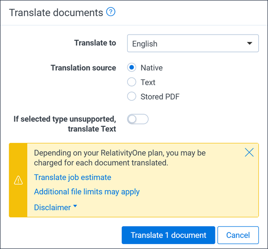 The Translate documents modal with the fields completed.