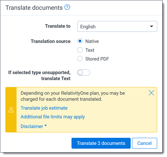 The Translate documents modal with the fields completed.