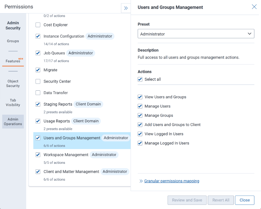 User and group feature permissions management