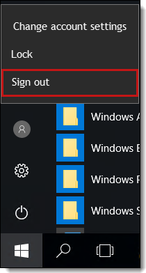 Log out option in the Windows start menu