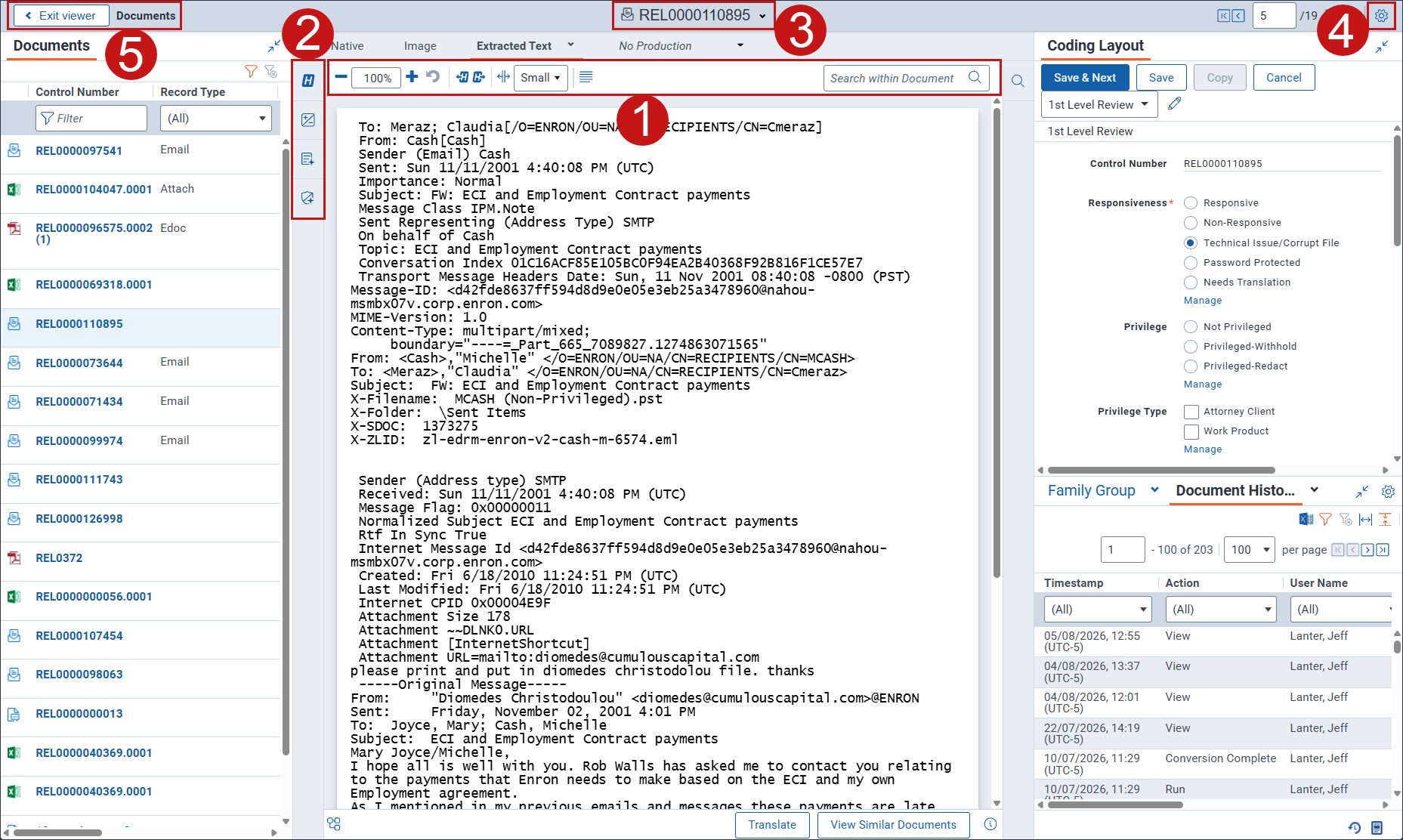 The Extracted Text Viewer is open with a document displayed.  Sections within the Viewer to diagrammed as well.