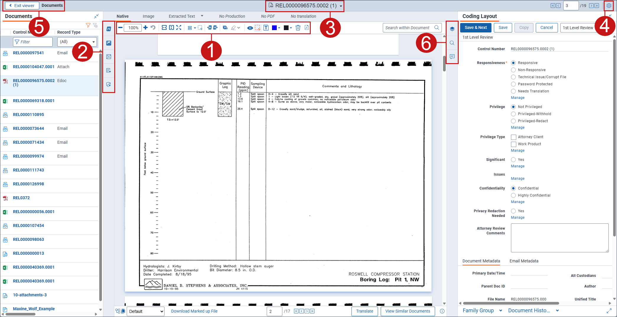 The Native Viewer with the Native toolbar options, Left drawer Viewer options, Document actions menu, Viewer settings menu, Viewer breadcrumbs, and Right drawer Viewer options highlighted.