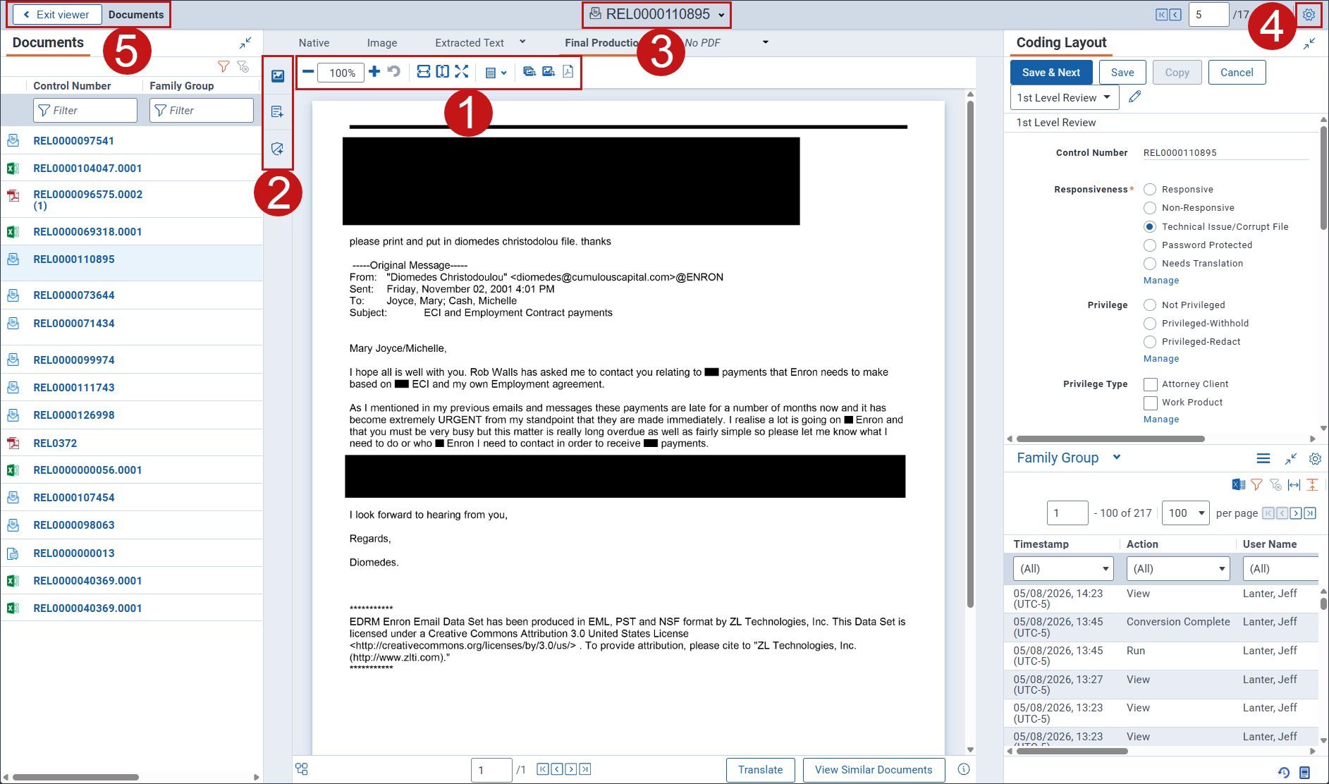 The Productions Viewer is open with a document displayed.  Various parts of the Viewer are diagrammed.