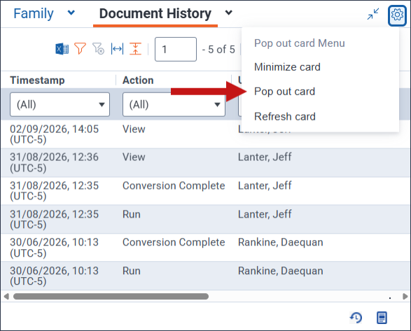 The Pop out card option highlighted in the Document History tab.