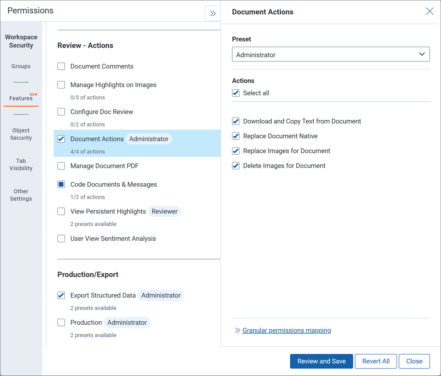 The Document Actions menu Feature Permissions