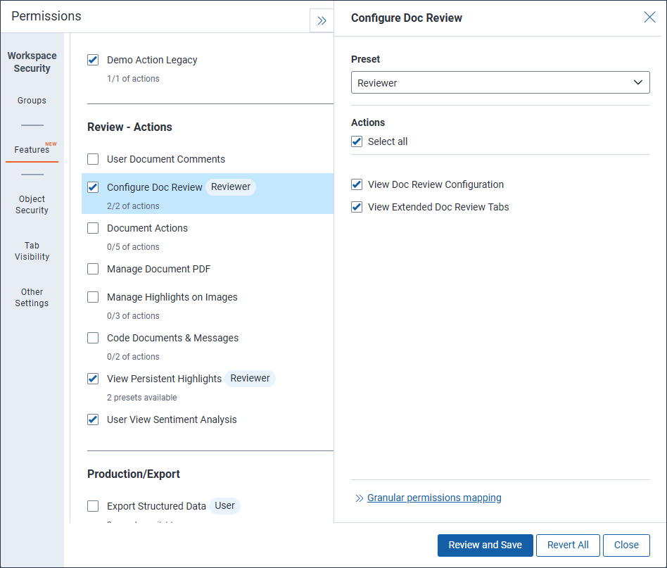 The Configure Doc Review Feature Permissions are displayed.