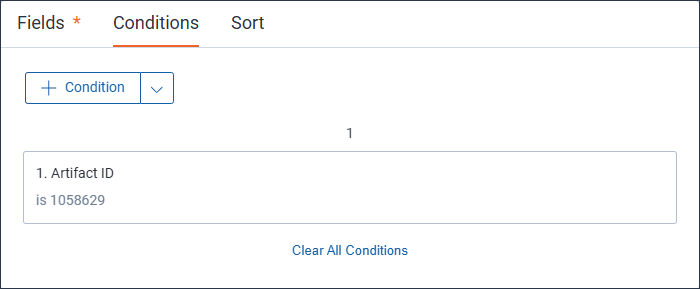 The Conditions tab is selected in the View modal and there is an Artifact ID condition that has been created.