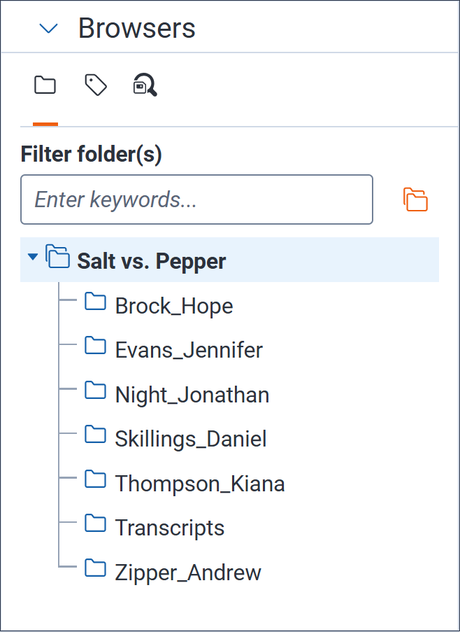 The Browser panel in the Salt vs. Pepper workspace with several custodian sub-folders.