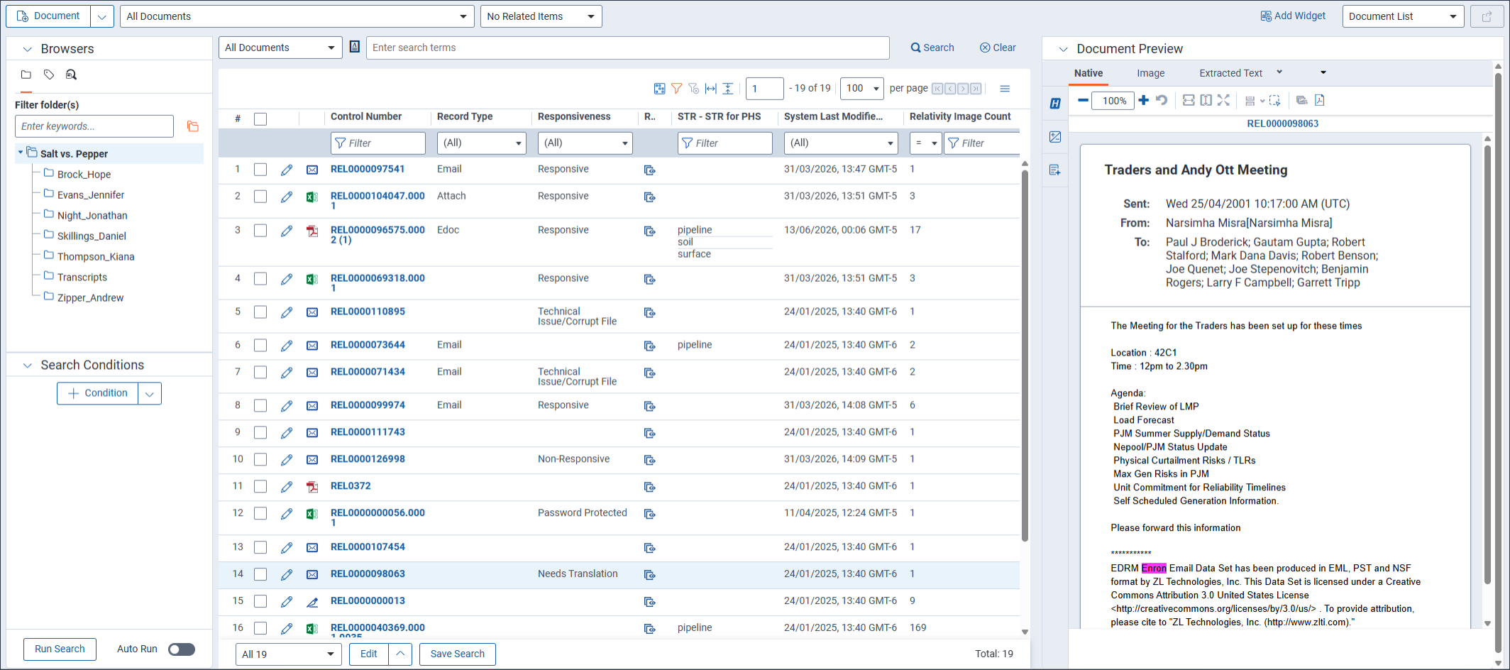 The document list displays next to the Document preview panel which contains a document in the Native Viewer.