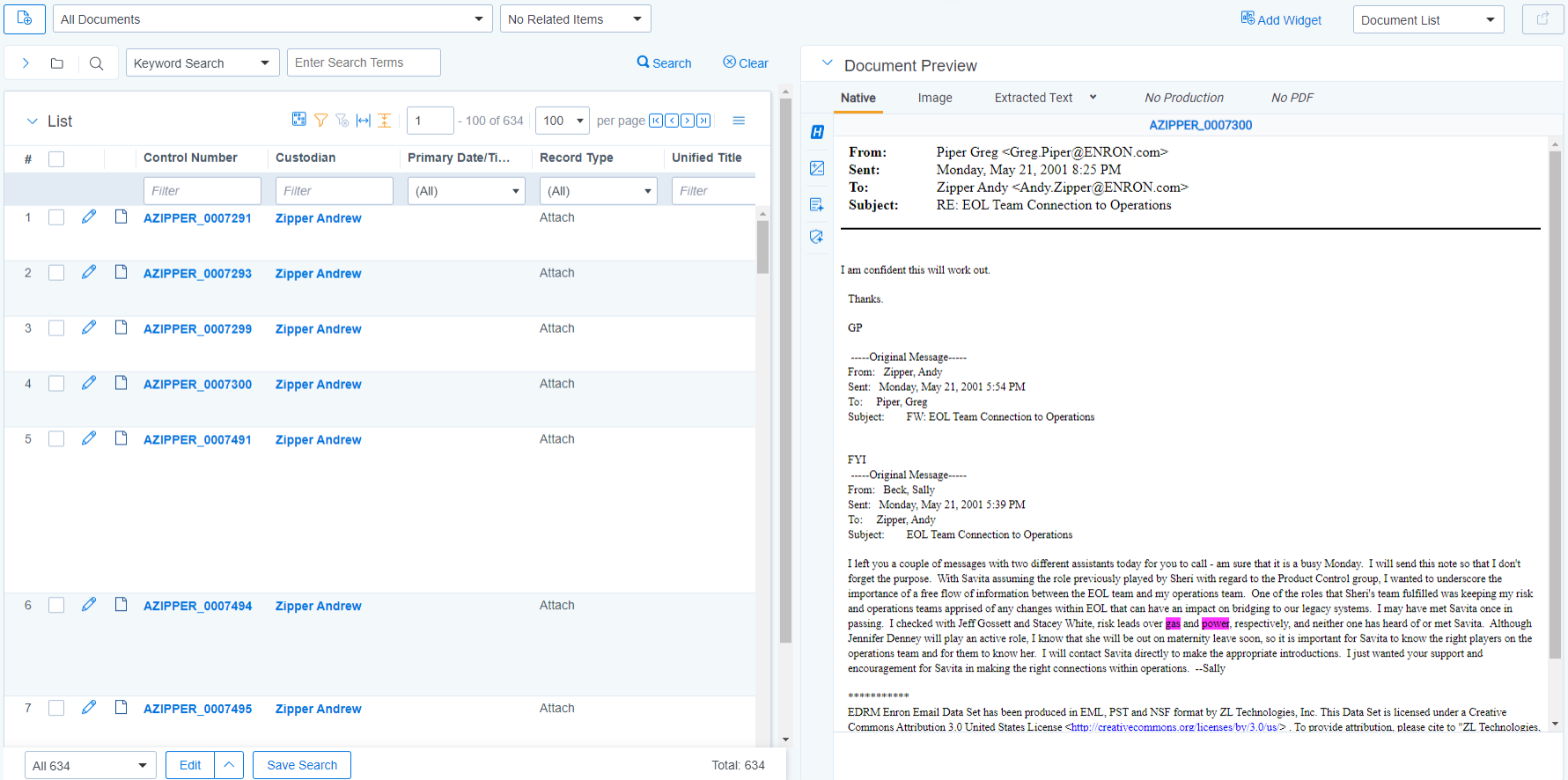 The document list displays next to the Document preview panel which contains a document in the Native Viewer.