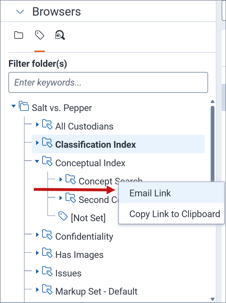 The Field Tree with Has Images expanded and No selected. The Email Link right-click option is highlighted.