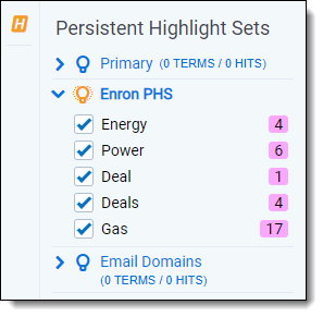 The Persistent Highlights Set pane is expanded to display the Enron PHS and all of the terms in the set have matches in this document.