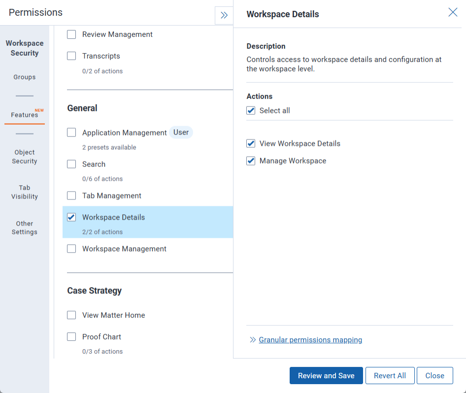 Workspace Details feature selected on the Features tab with the View Workspace Details and Manage Workspace actions