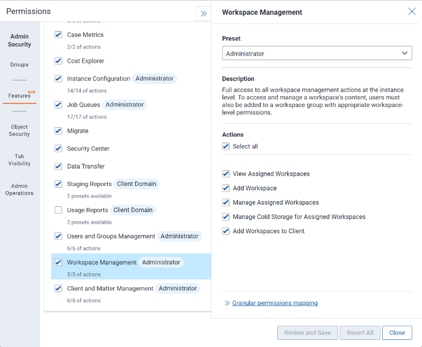 Workspace management feature permissions