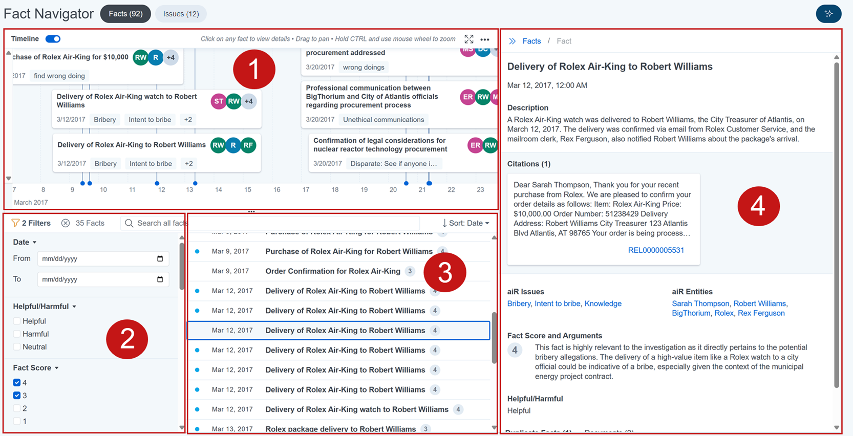 The Fact Navigator panel with each section highlighted.