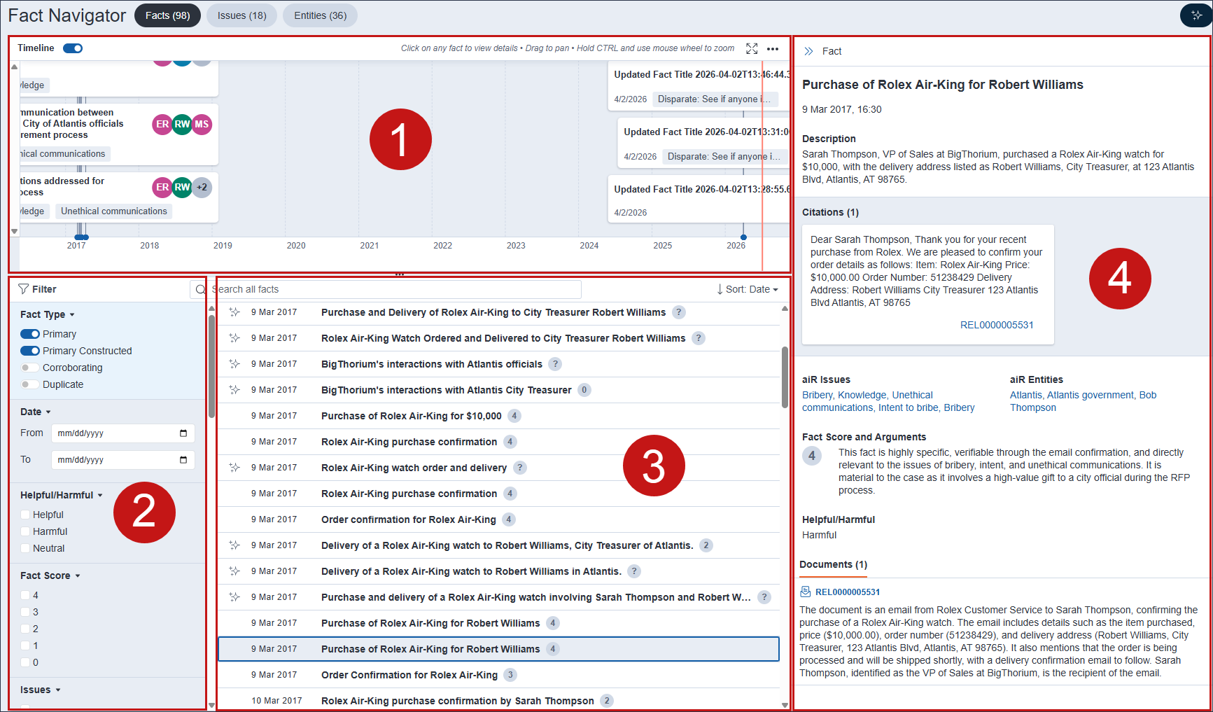 The Fact Navigator panel with each section highlighted.