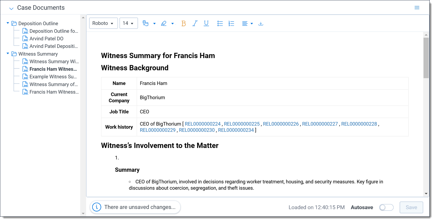 The Case Document Preview section with a Witness Summary open in the text editor.