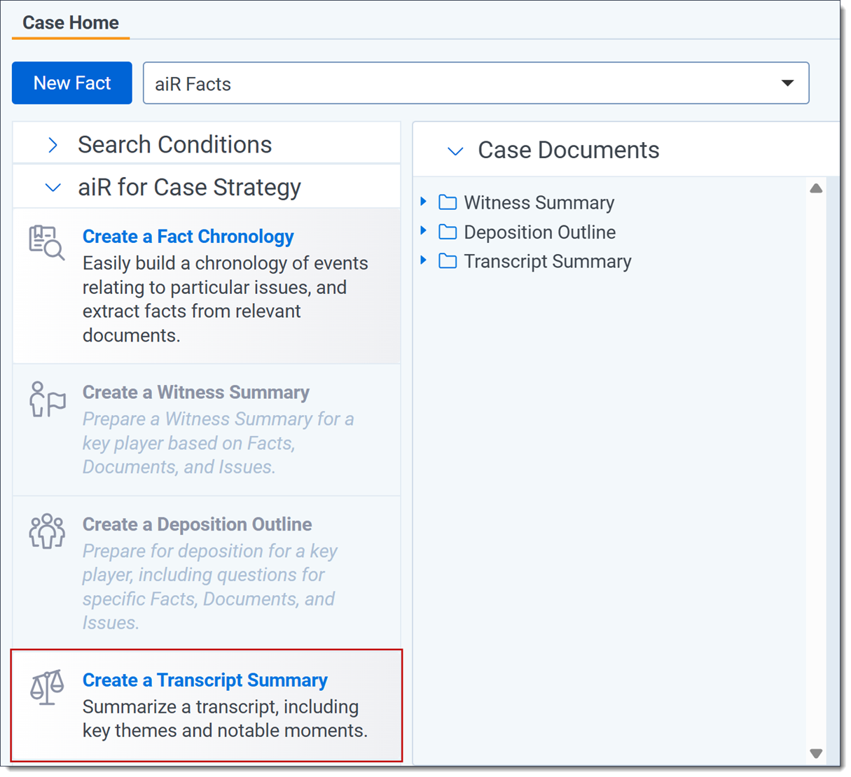 The expanded aiR for Case Strategy panel with the Create a Transcript Summary button highlighted.