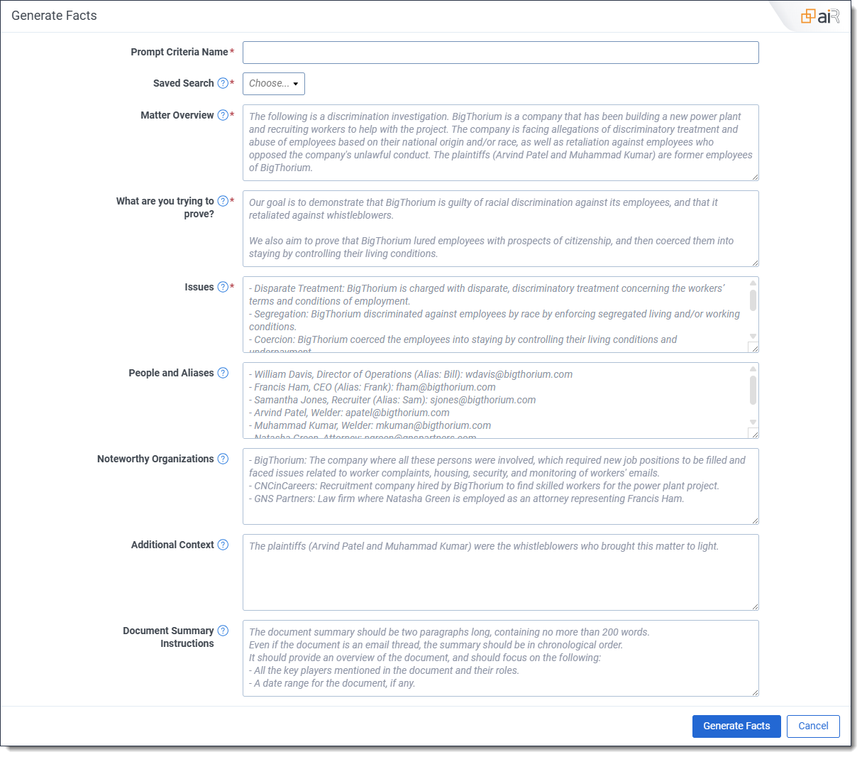 The Generate Facts modal