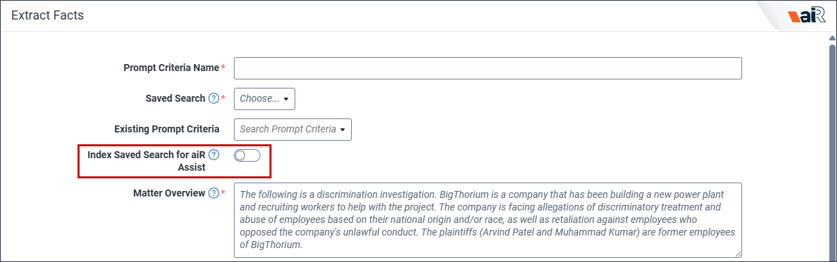 The Index Saved Search for aiR Assist option is highlighted on the Extract Facts modal.
