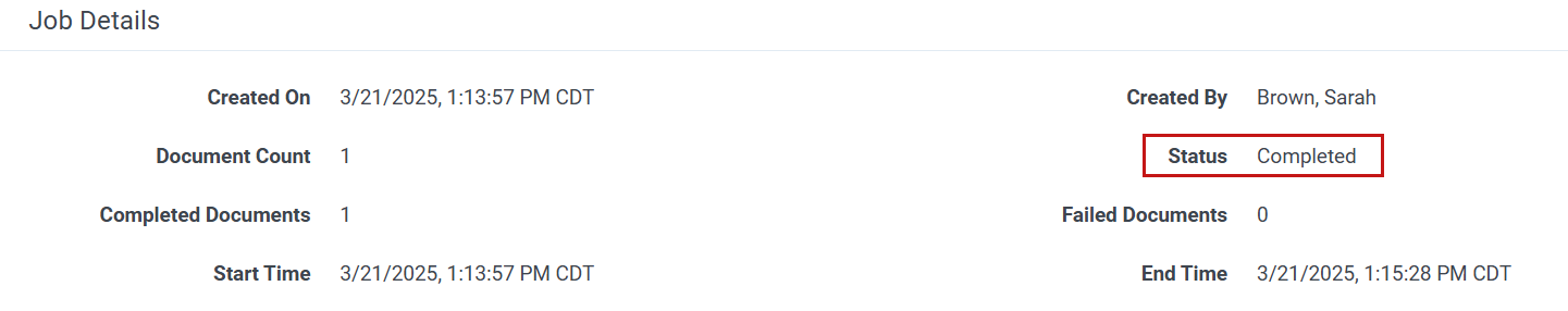 Job details screen with the completed status highlighted.