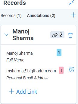Records panel showing the newly linked personal information.