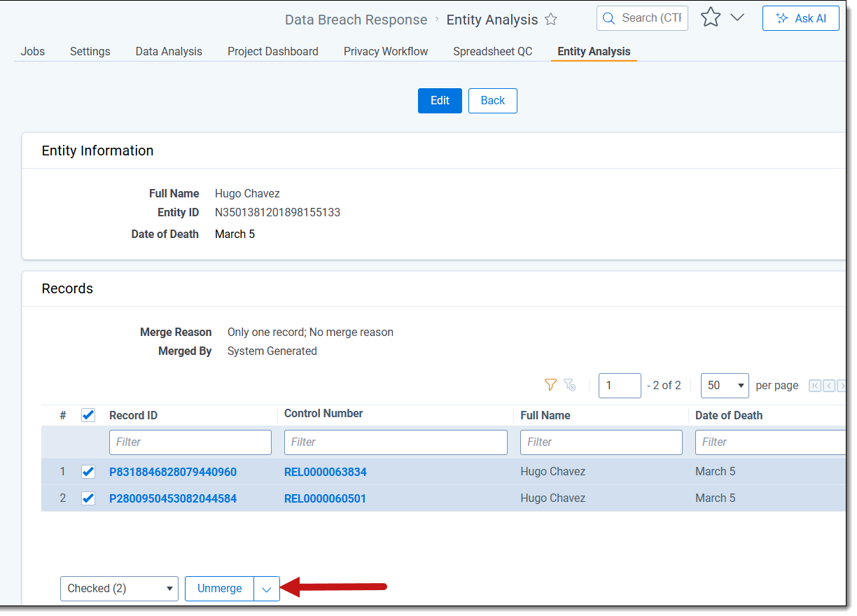 An imge of the Unmerge button