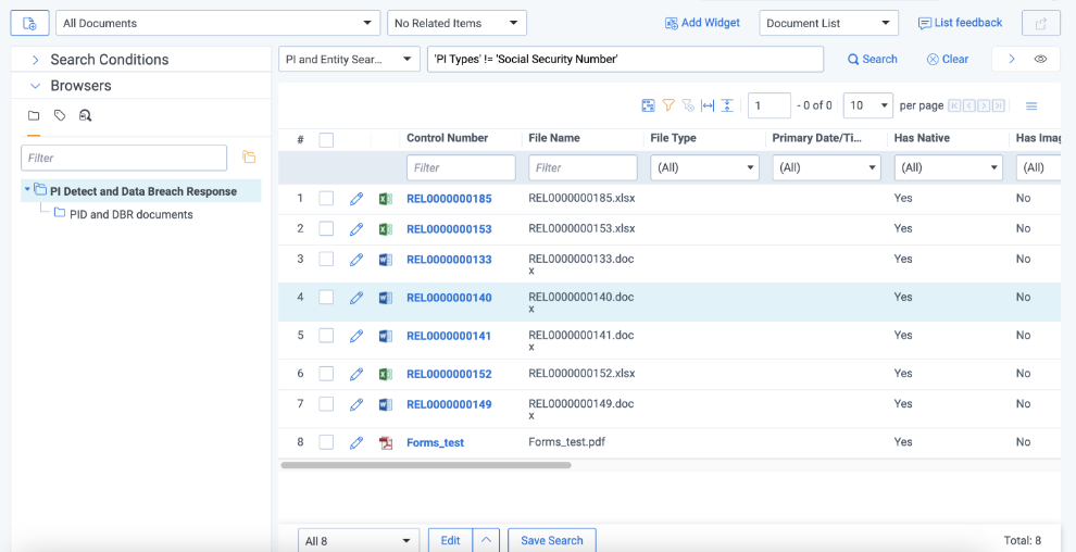 An image of PI and entity search used to search for documents without social security numbers.