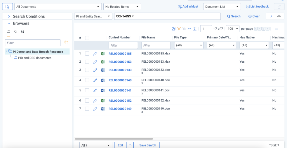 An image of PI and entity search used to search for documents containing PI.