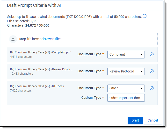 List of documents to be used for building the draft prompt criteria.