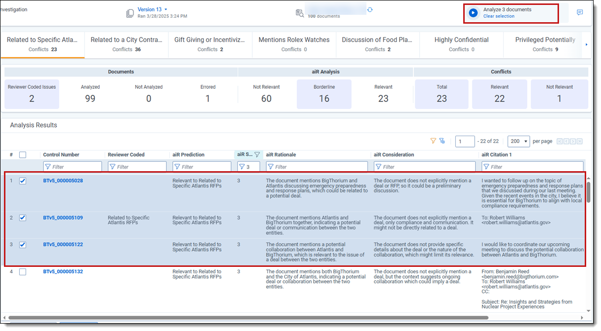 Select documents in the Analysis Results table using box next to document to analyze.
