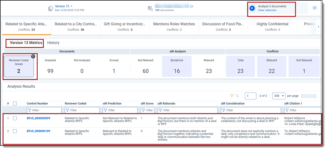 Sample screen highlighting Version Metrics tab, Reviewer Coded Issues selected, two documents filtered, and Run button showing two documents to analyze.