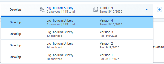Example of drop-down list showing four versions of the project in the develop phase.