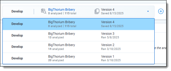 Example of drop-down list showing four versions of the project in the develop phase.