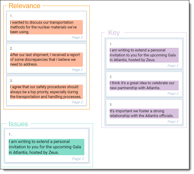 Examples of Relevance citation in orange, Key citation in purple, and Issues citation in green.