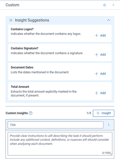 Custom panel showing custom insight suggestions and custom fields to be added