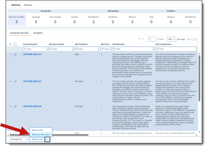 Analysis Results tab with documents selected and the Export to file option highighted in Mass Ops drow-down list.