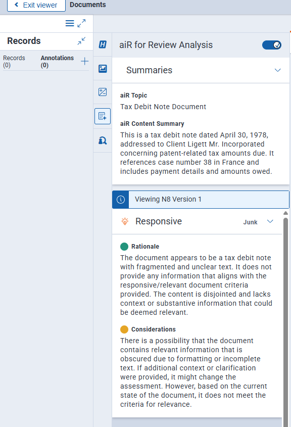 Sample of document results displays in the Document Viewer panel