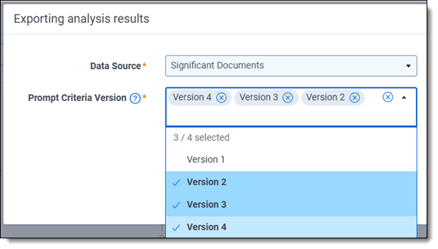 Exporting analysis results modal showing Data Source and Prompt Criteria Version fields. 