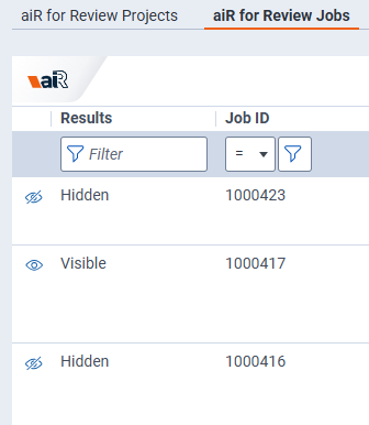Sample of Hidden and Visible icons in aiR for Review Jobs tab list