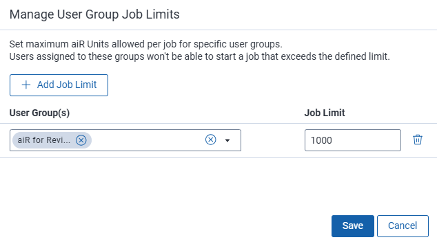 Manage user group job limits dialog